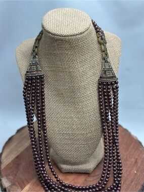 Heidi Daus Deep Burgundy Multi-Strand Pearl Necklace with Gold-Tone Accents